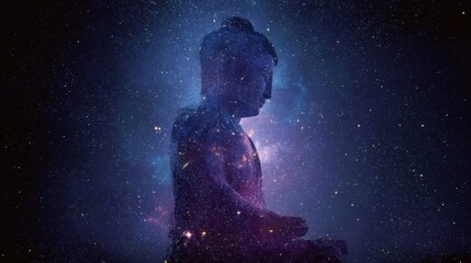 Fototapeta premium Cosmic buddha silhouette against starry galaxy background