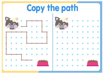 Activities for children. Copy the path. Logical games for children. Vector illustration. Square format of the book funny animals