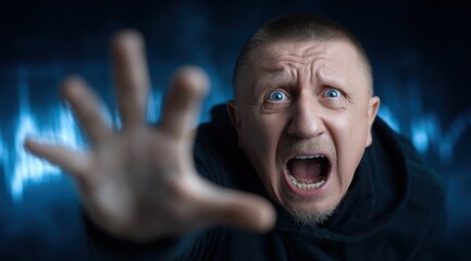 man with blue eyes screams in terror, extending his hand as if seeking help. dark background enhances the intensity of his emotions, portraying a powerful sense of fear and urgency