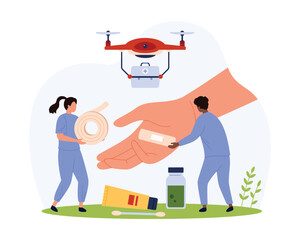 First medical aid for wounds, scratches and scrapes vector illustration. Cartoon tiny people holding adhesive tape roll to take care of injured palm, doctors stick plaster sticky patch on cut arm