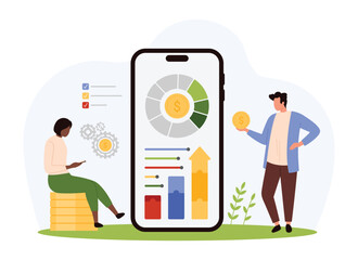 Finance data analysis and company analytics with mobile app vector illustration. Cartoon tiny people invest money in stock market, research statistics of sales and arrow growth for investment