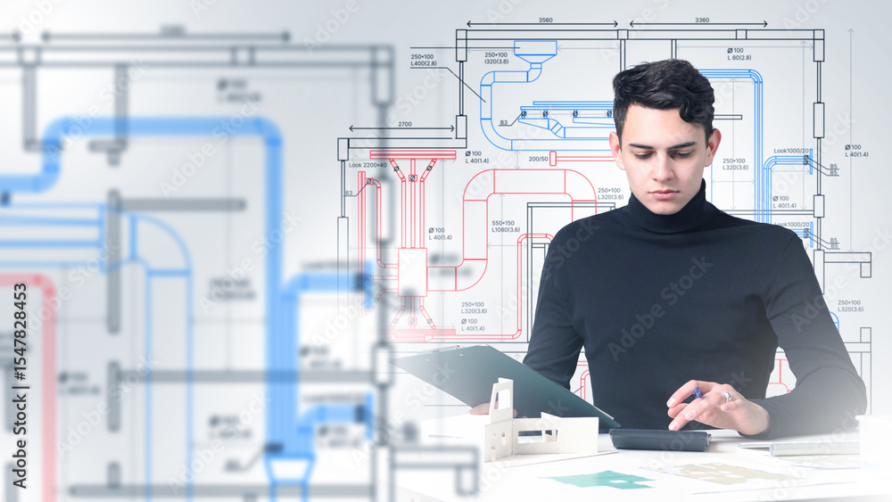 Poster man engineer. office worker with engineering drawings. architect with calculator. calculating utilit