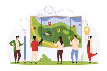 Obraz premium GPS navigation, guide mobile app for travel location search. Tiny people with magnifying glass find house target on paper map, point direction to place with geo pins cartoon vector illustration