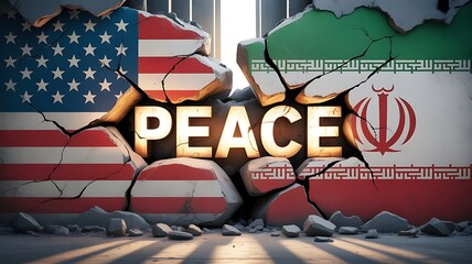 Naklejka premium Cracked Wall with American and Iranian Flags - US-Iran Relations: Political Tensions, Nuclear Issues, word peace with America and Iran flags faded and torn, created with generative ai