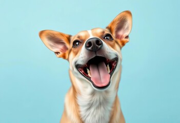 Obraz premium Joyful dog, perked ears, open mouth, playful gaze, light blue background, light blue background, animal photography