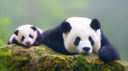 Fototapeta premium Giant panda resting on mossy rock in bamboo forest, a moment of peace in nature's embrace