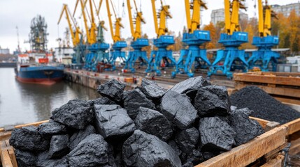 An industrial scene featuring piles of coal at a dockyard, with a freighter and cranes visible, showing trade and cargo handling