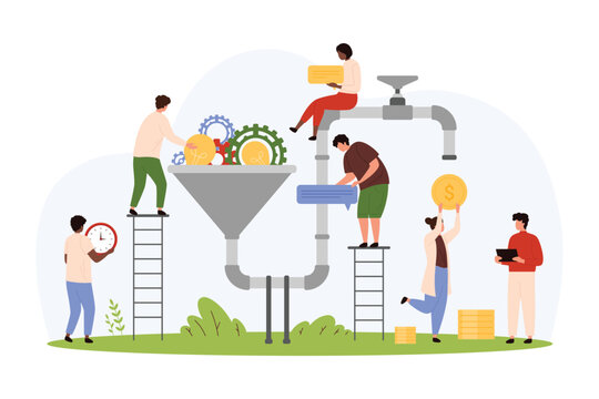 Business ideas optimization, monetization. Tiny people make money from creative ideas, monetize bright light bulbs and gears conversion through pipe machine with funnel cartoon vector illustration
