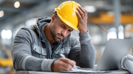 construction worker wearing a yellow hard hat appears overwhelmed while studying plans and taking notes at a busy worksite during the day
