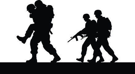 Set of soldier silhouette vector illustrations showing teamwork, rescue, and armed military action scenes