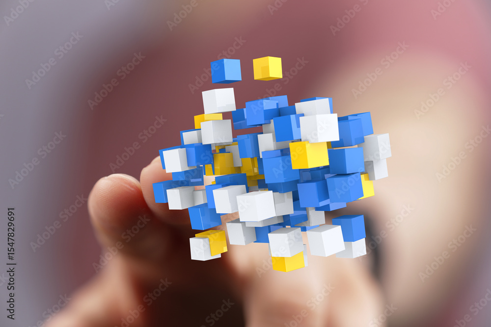 Poster abstract image of interconnected cubes, representing data, network, or technology. ideal for busines