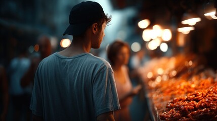 Obraz premium young man stands in a bustling night market, captivated by various street food stalls. warm glow of lights enhances the lively atmosphere as people around browse the offerings
