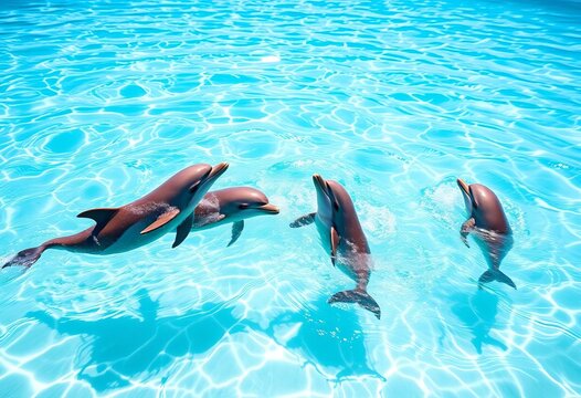 Playful dolphin calves frolic in sun-drenched turquoise water,  underwater,  animal