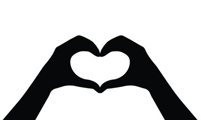 Fototapeta premium Silhouette of two hands forming a heart shape on a white background. Symbolizes love, unity, support, care, and togetherness. Great for romantic, social, or emotional-themed designs and messages.