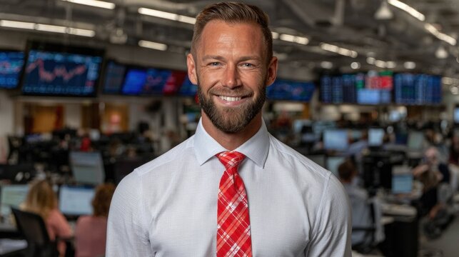 confident man with a beard stands in a busy financial office, wearing a dress shirt and patterned tie. Monitors display stock market data while colleagues work diligently - Powered by Adobe