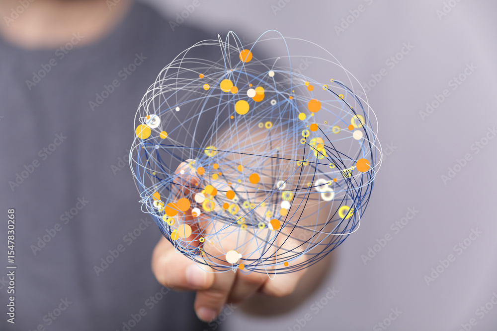 Aufkleber Abstract image of a person interacting with a digital network sphere.  Perfect for technology, connectivity, and global business concepts.
