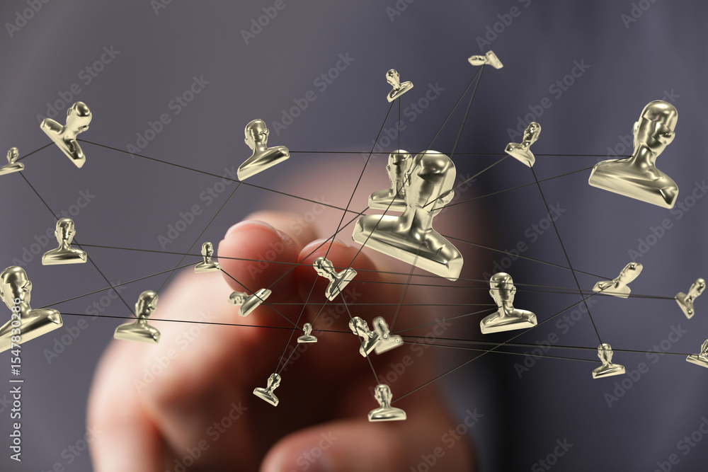 Aufkleber image depicts a network of golden profile figures, symbolizing global connections and teamwork. idea