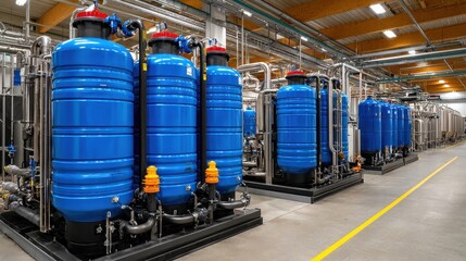 Blue industrial tanks sit inside a water treatment plant with modern equipment and filtration systems, highlighting the importance of clean processing
