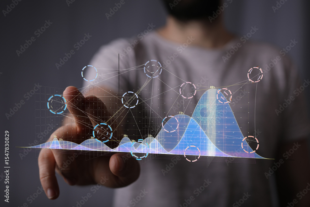 Aufkleber A person interacts with a futuristic holographic graph, visualizing data analysis and digital technology.