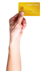 A close-up man hand holds a gold credit card isolated on white background.