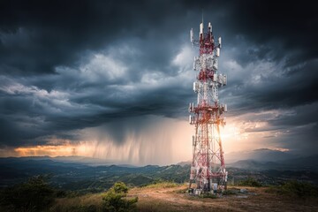 A tall tower illuminated at night with numerous antennas on top, serving as an emergency communication hub.