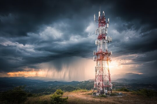 A tall tower illuminated at night with numerous antennas on top, serving as an emergency communication hub. - Powered by Adobe