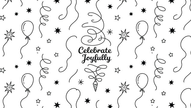 black and white festive celebration pattern with balloons, stars, and swirls, featuring text "celebrate joyfully" for party design