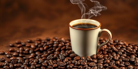 Vintage coffee cup with steam, scattered coffee beans, brown background,  mocha,  coffee shop