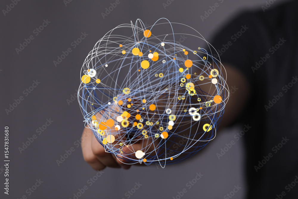 Poster Hand interacting with a digital sphere, showcasing interconnected data points and network visualization.