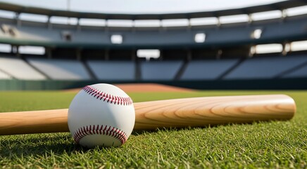 A close-up shot of a white baseball ball and wooden baseball bat laid on vibrant green grass at the empty baseball stadium. Eye-level wide-angle shot. 
