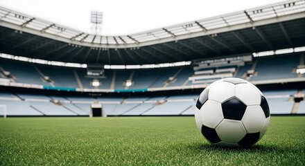 A soccer ball on the green grass of an empty football stadium pitch. Eye-level wide-angle shot. Eye-level wide-angle shot. 