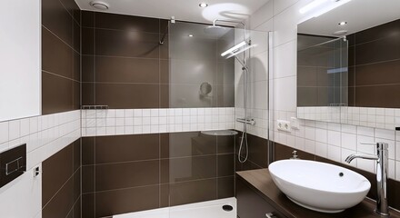 A clean modern bathroom featuring a walk-in shower with a glass partition and brown and white tiles.