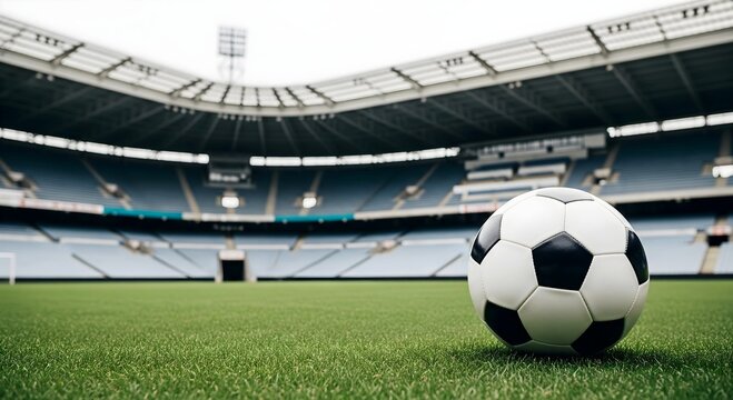 A soccer ball on the green grass of an empty football stadium pitch. Eye-level wide-angle shot. Eye-level wide-angle shot. 