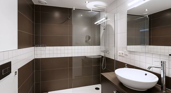 A clean modern bathroom featuring a walk-in shower with a glass partition and brown and white tiles.