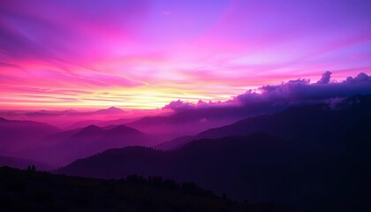 Vibrant purple landscape, misty mountains silhouetted against electric sky,  ombre,  art