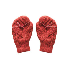 Pair of Red Knitted Mittens with Loose Threads