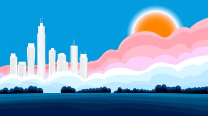 Fototapeta premium Colorful abstract skyline with vibrant sunset and modern cityscape