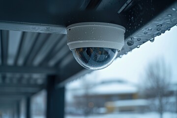 Dome Security Camera with Rain Drops on an Overcast Day
