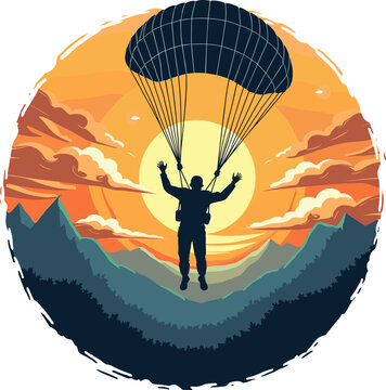 Silhouette of skydiver with parachute gliding at sunset over mountain landscape and forest valley