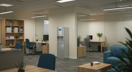 Modern office interior with water cooler, desks, and blue seating, softly lit.