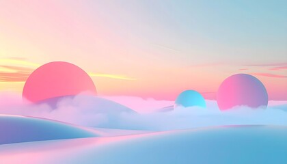 Colorful spheres floating over a pastel dreamlike landscape at sunset