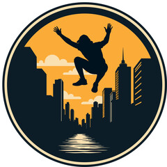 Silhouette of a person jumping between rooftops in urban city at sunset, bold vector style
