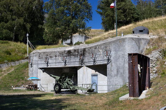 MODANE, FRANCE, 27 JULY 2023: Exterior view of the Ouvrage or Fort Saint-Gobain, near Modane. The WW2 underground fort is now a museum open to visitors, and is a tourist attraction in the area.