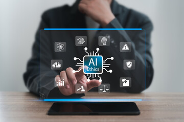 AI Ethics emphasizes compliance and regulation, Use benefit and correctness, Businessman...