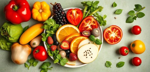 Flat lay vibrant fruits vegetables balanced plate healthy food mindful eating concept,  healthy lifestyle,  lifestyle