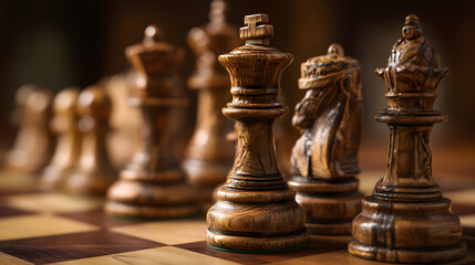 Masterful Chess Pieces Focused Shot of a Beautiful Wooden Chessboard