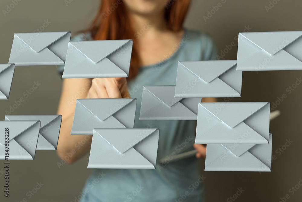 Poster Woman interacts with a digital screen showing many emails.  Concept for email management, inbox zero.