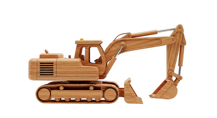 Wooden excavator model showcases intricate construction and warm, natural textures against darkness.