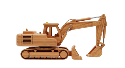 Wooden excavator model showcases intricate construction and warm, natural textures against darkness.