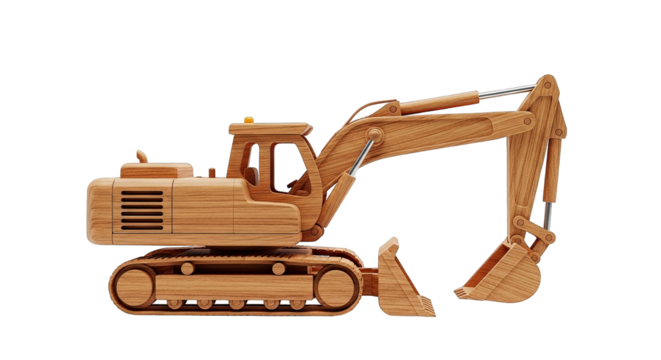 Wooden excavator model showcases intricate construction and warm, natural textures against darkness.